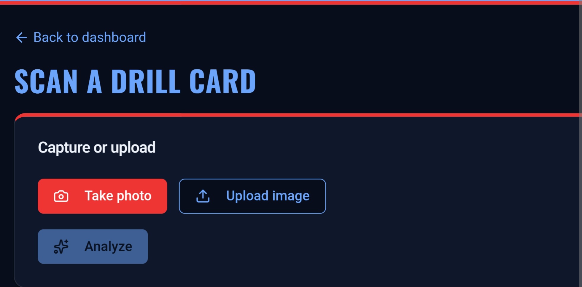 AI Drill Card Manager card scanner screen capturing a paper drill card with a phone camera.